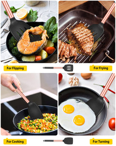 Pack of 2 Silicone Solid Turner, Non Stick Slotted Kitchen Spatulas, High Heat Resistant BPA Free Cooking Utensils, Ideal Cookware for Fish, Eggs, Pancakes(Black)