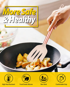 Pack of 4 Silicone Cooking Utensils Set, Non Stick Large Solid Spatulas, Heat Resistant Black Slotted Spoons, Ideal BPA Free Kitchen Turners for Frying, Mixing,Serving,Draining,Turning,Stirring