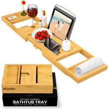 Load image into Gallery viewer, Bathtub Tray Caddy - Premium Bamboo Expandable Bath Tub Tray Table, Luxurious Wooden Bath Caddy for Books, Tablets, Wine, Bathroom Accessories, Spa Essentials, Housewarming, Wedding