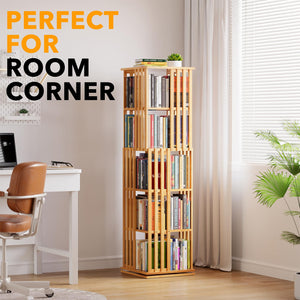 SpaceAid 6 Tier Rotating Bookshelf Tower, Bamboo Spinning Book Shelf, Revolving 360 Bookcase Storage Swivel Round Carousel, Vertical Rotate Turning Spiral Corner Organizer (6-Tier Walnut)