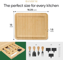 Load image into Gallery viewer, Bambüsi Charcuterie Board Set - Large Bamboo Cheese Board with Storage Drawers, Cheese Knives, Slate Markers &amp; Chalk Pens - Meat Cheese Serving Tray for Parties, Wedding Gift, Housewarming Gifts