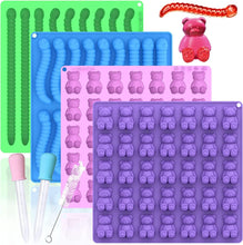 Load image into Gallery viewer, Large Gummy Bear and Worm Mold Silicone, 4 PCS No Stick Chocolate Candy Gummy Molds for Edibles with 2 Droppers &amp; Brush BPA-Free 100 Cavities, Ideal Gift for Kids Adult Halloween Party
