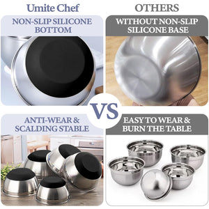 Umite Chef Mixing Bowls with Airtight Lids Set, 8PCS Stainless Steel Khaki Nesting Bowls with Grater Attachments, Kitchen Bowls with Non-Slip Bottoms, Size 5, 4, 3.5, 2, 1.5QT for Mixing & Serving