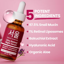Load image into Gallery viewer, SeoulCeuticals 1% Korean Retinol Night Serum for Face - 97.5% Snail Mucin + Hyaluronic Acid + Bakuchiol, Cruelty Free K Beauty for Sensitive Skin 1oz