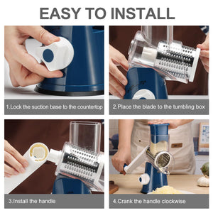 Rotary Cheese Grater Hand Crank Cheese Shredder for Fresh Cheese, Vegetable, Nuts,Non-slip Suction Base, Free Cleaning Brush Three Blades, Black