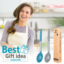 Load image into Gallery viewer, Pack of 2 Large Silicone Slotted Spoon Kitchen Skimmer with High Heat Resistant BPA Free Non Stick Cooking Ladle Strainers For Draining and Frying (Gray-Blue)