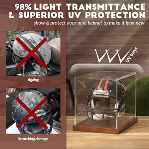 JupDec Full Siize Helmet & Mini Helmet Display Case, Large Clear Acrylic Shadow Box with UV Protection Wooden Showcase,Idea Gift for Sports Fans