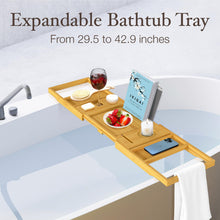 Load image into Gallery viewer, Bathtub Tray Caddy - Premium Bamboo Expandable Bath Tub Tray Table, Luxurious Wooden Bath Caddy for Books, Tablets, Wine, Bathroom Accessories, Spa Essentials, Housewarming, Wedding