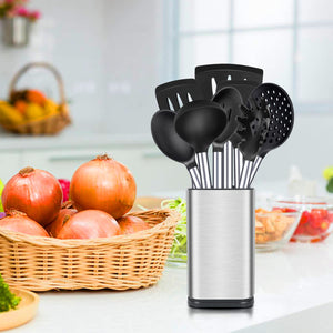 Silicone Cooking Utensil Set, 8Pcs Non-stick Cookware with Stainless Steel Handle, BPA Free Heat Resistant Kitchen Tools with Spatulas, Turners, Spoons, Skimmer and Pasta Fork