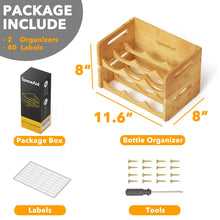 Load image into Gallery viewer, SpaceAid Bamboo Water Bottle Organizer with Labels for Kitchen and Pantry, Storage Rack for Cabinets, Home Cup and Wine Bottle Holder Shelf Organizers, 2 Pack 3-Slot, Hold 6 Bottles
