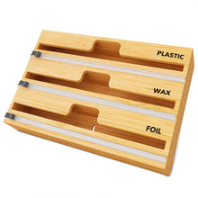 Load image into Gallery viewer, SpaceAid WrapNeat 3 in 1 Wrap Organizer with Cutter and Labels, Plastic Wrap, Aluminum Foil and Wax Bamboo Dispenser for Kitchen Storage Organization Holder for 12&quot; Roll (Natural)