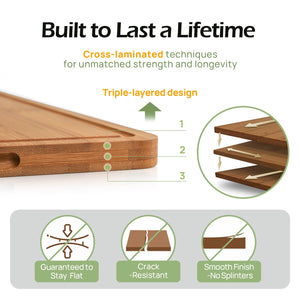 Bamboo Cutting Board, Durable Wood Cutting Boards for Kitchen with Deep Juice Grooves & Built-in Handles, Ideal Charcuterie & Chopping for Meat, Vegetables and Fruits Ideal Kitchen Gifts