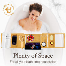 Load image into Gallery viewer, Bathtub Tray Caddy - Premium Bamboo Expandable Bath Tub Tray Table, Luxurious Wooden Bath Caddy for Books, Tablets, Wine, Bathroom Accessories, Spa Essentials, Housewarming, Wedding
