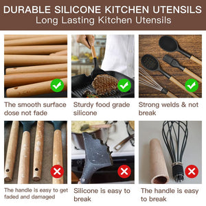 Kitchen Cooking Utensils Set, 14 Non-Stick Silicone Cooking Kitchen Utensils Spatula Set with Holder, Wooden Handle Silicone Kitchen Gadgets Utensil Set for Nonstick Cookware(Black)