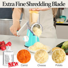 Load image into Gallery viewer, Rotary Cheese Grater Hand Crank Cheese Shredder for Fresh Cheese, Vegetable, Nuts,Non-slip Suction Base, Free Cleaning Brush Three Blades, Black