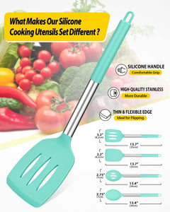 Pack of 4 Silicone Cooking Utensils Set, Non Stick Large Solid Spatulas, Heat Resistant Black Slotted Spoons, Ideal BPA Free Kitchen Turners for Frying, Mixing,Serving,Draining,Turning,Stirring