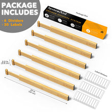 Load image into Gallery viewer, SpaceAid Bamboo Drawer Dividers with Labels, Kitchen Adjustable Drawer Organizers, Expandable Organization for Home, Office, Dressers and Bathroom, 6 Dividers (17-22 in)