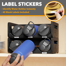 Load image into Gallery viewer, SpaceAid Bamboo Water Bottle Organizer with Labels for Kitchen and Pantry, Storage Rack for Cabinets, Home Cup and Wine Bottle Holder Shelf Organizers, 2 Pack 3-Slot, Hold 6 Bottles
