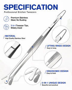 Fine Long Tweezers Tongs Professional Black, 10-Inch Stainless Steel for Kitchen, Food, Cooking, Repairing, Sea food and BBQ (SILVER)