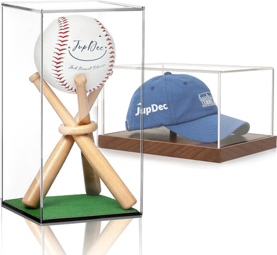 JupDec Baseball & Hat Display Case with Wood Stand, Clear Acrylic Game Ball Holder Showcase, UV Protection Souvenirs and Collectibles Box, Ideal Gift for Autograph Single MLB Ball