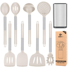 Load image into Gallery viewer, Silicone Cooking Utensil Set, 8Pcs Non-stick Cookware with Stainless Steel Handle, BPA Free Heat Resistant Kitchen Tools with Spatulas, Turners, Spoons, Skimmer and Pasta Fork