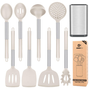 Silicone Cooking Utensil Set, 8Pcs Non-stick Cookware with Stainless Steel Handle, BPA Free Heat Resistant Kitchen Tools with Spatulas, Turners, Spoons, Skimmer and Pasta Fork