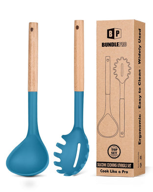 Silicone Pasta Fork and Ladle Spoon Set with Wooden Handle, Heat Resistant Non Stick Kitchen Utensils for Cooking, Stirring, Serving Spaghetti, Soup, Sauce(KHAKI)