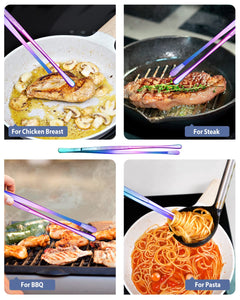 4 Pcs Fine Long Tweezer Tongs Professional Black, 12'' and 10'' Stainless Steel for Kitchen, Food, Cooking, Repairing, Sea food and BBQ