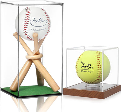 JupDec Baseball & Softball Display Case with Wood Stand, Clear Acrylic Game Ball Holder Showcase, UV Protection Souvenirs and Collectibles Box, Ideal Gift for Autograph Single MLB Ball