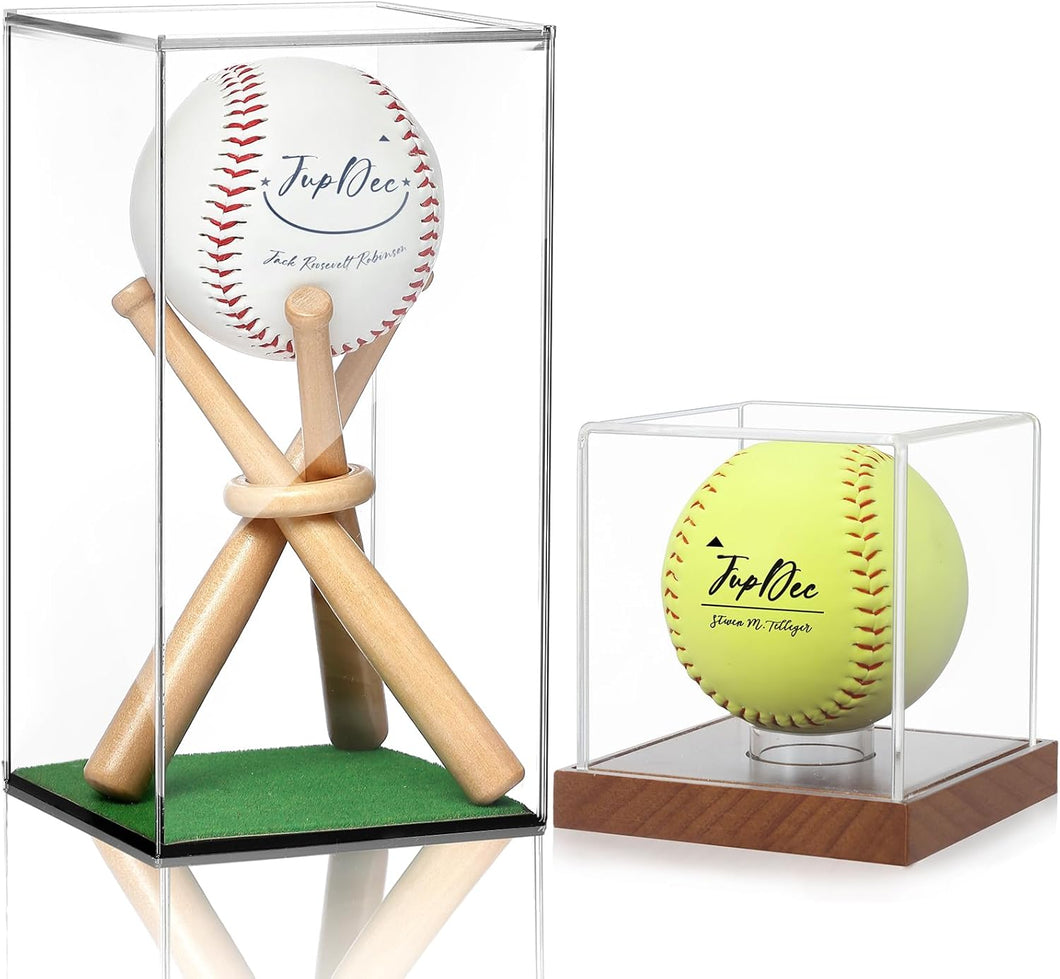 JupDec Baseball & Softball Display Case with Wood Stand, Clear Acrylic Game Ball Holder Showcase, UV Protection Souvenirs and Collectibles Box, Ideal Gift for Autograph Single MLB Ball