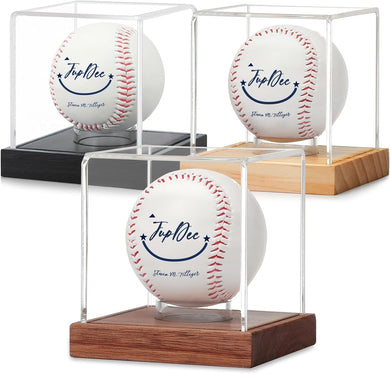 JupDec Baseball Display Case, Clear Cube Baseball Holder with Wooden Base, Autograph Baseball Stand Box for Single Ball, Brown & Yellow &Black