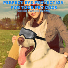 Load image into Gallery viewer, Dog Sunglasses Dog Goggles Pet Glasses Pet Eyewear with Adjustable Strap, Glasses for Medium Large Dog Swimming Skating Glasses UV Proof Windproof Dustproof (Black Frame + Gray Lens)
