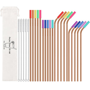20 Pack Reusable Stainless Steel Metal Straws,10.5" & 8.5" Reusable Drinking Straws with 20 Silicone Tips 5 Straw Brushes 1 Travel Case,Eco Friendly Extra Long Metal Straw Fit for 20 24 30 oz Tumbler