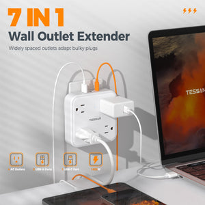 Multi Plug Outlet Extender, TESSAN Surge Protector Splitter with 3 USB (1 USB C Port) Wall Charger, Multiple Expander for Travel, Home, College Dorm Room