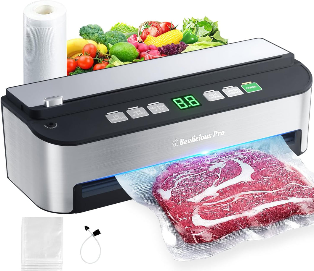 Vacuum Sealer Machine, Beelicious 85KPA Fully Automatic 8-IN-1 Food Sealer with Bags Storage, Moist Mode and Air Suction Hose | Digital Countdown | Sous Vide，Build-in Cutter
