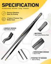 Load image into Gallery viewer, Fine Cooking Tweezers Set, Professional Stainless Steel Food Tongs, Kitchen Black Long Chef Tweezer for Cooking, Plating, Decorating and BBQ (BLACK, 10 inch)