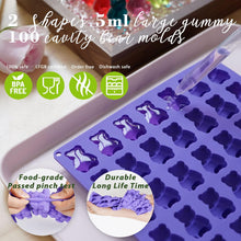 Load image into Gallery viewer, Large Gummy Bear and Worm Mold Silicone, 4 PCS No Stick Chocolate Candy Gummy Molds for Edibles with 2 Droppers &amp; Brush BPA-Free 100 Cavities, Ideal Gift for Kids Adult Halloween Party