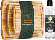 Load image into Gallery viewer, Bambüsi Bamboo Cutting Board Set &amp; Mineral Oil – 3-Piece Wood Boards