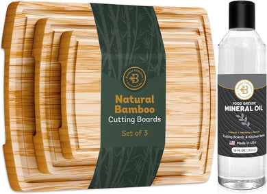 Bambüsi Bamboo Cutting Board Set & Mineral Oil – 3-Piece Wood Boards
