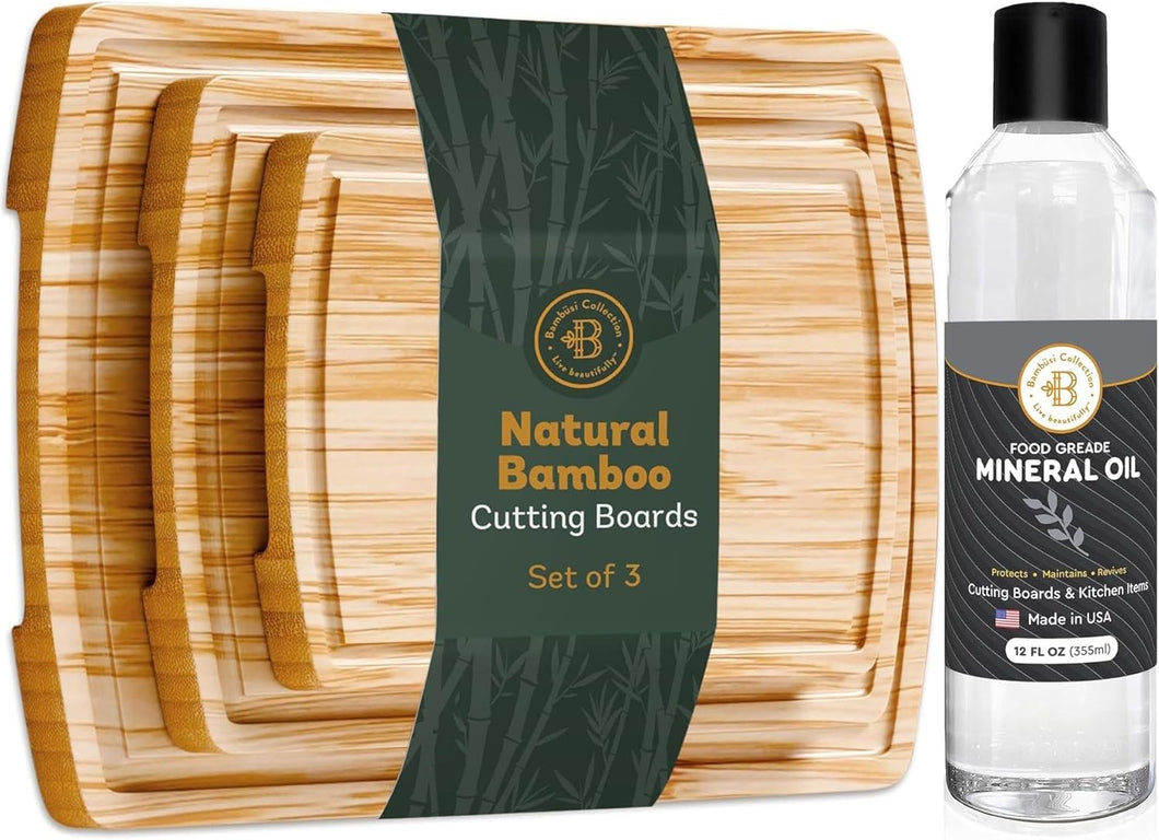 Bambüsi Bamboo Cutting Board Set & Mineral Oil – 3-Piece Wood Boards