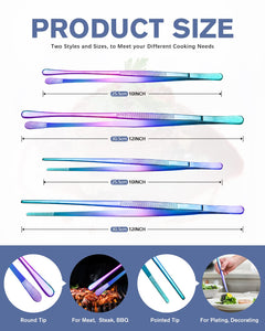 4 Pcs Fine Long Tweezer Tongs Professional Black, 12'' and 10'' Stainless Steel for Kitchen, Food, Cooking, Repairing, Sea food and BBQ