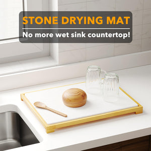 SpaceAid Bamboo Rack Dish Pad, Instant Dry Diatomaceous Earth Mat for Kitchen Counter, Stone Dish Fast Drying Mat Board (15.8 x 11.8 inch, White Marble)