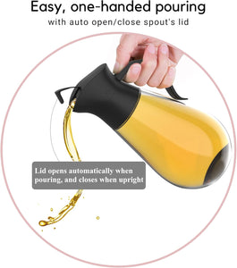 Brieftons Oil & Vinegar Dispensers: 2 x 18.6 Oz Leakproof Glass Oil Dispenser Bottles, Dual Condiment Dispensing Cruets, Easy Pouring with Auto Flip Cap & Stopper, Drip Free & Spill Free Design