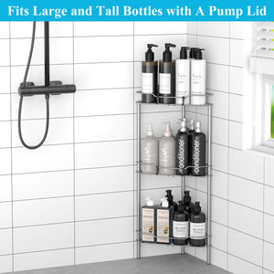 4 Tier Floor Standing Corner Shower Caddy Organizer Shelf with Hooks, Bathroom Shelves Stand Rack, Black