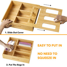 Load image into Gallery viewer, SpaceAid Bag Storage Organizer for Kitchen Drawer, Bamboo Organizer, Compatible with Gallon, Quart, Sandwich and Snack Variety Size Bag (1 Box 4 Slots)