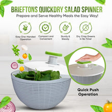Load image into Gallery viewer, Brieftons 6.2-Quart Large Salad Spinner: Vegetable Washer Dryer Drainer Strainer with Bowl &amp; Colander, Easy One-Handed Pump, Compact Storage, for Washing, Cleaning &amp; Drying Greens, Vegetables, Fruits