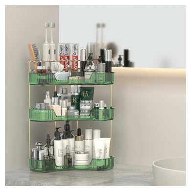 Makeup Organizer Countertop 3 Tier, Corner Bathroom Countertop Organizer with Toothbrush and Makeup Brush Holder, Corner Vanity Tray for Skincare Organization