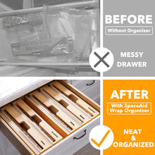 Load image into Gallery viewer, SpaceAid WrapNeat 2 in 1 Wrap Organizer with Cutter and Labels, Plastic Wrap, Aluminum Foil and Wax Bamboo Dispenser for Kitchen Storage Organization Holder for 12&quot; Roll (Natural)
