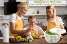 Load image into Gallery viewer, Brieftons QuickPush Salad Spinner: Large 6.3-Quart Vegetable Washer Dryer Strainer Drainer, Easy One-Handed Handle &amp; Brake, Fast Spin Cycles, Compact Storage, to Wash, Clean &amp; Dry Vegetables, Fruits
