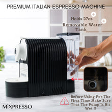 Load image into Gallery viewer, Mixpresso Black Espresso Coffee Machine – Compact 1400W Single Serve Coffee Maker Compatible with Nespresso OriginalLine Capsules, One-Touch Operation, 19-Bar Italian Pump, 27oz Water Tank